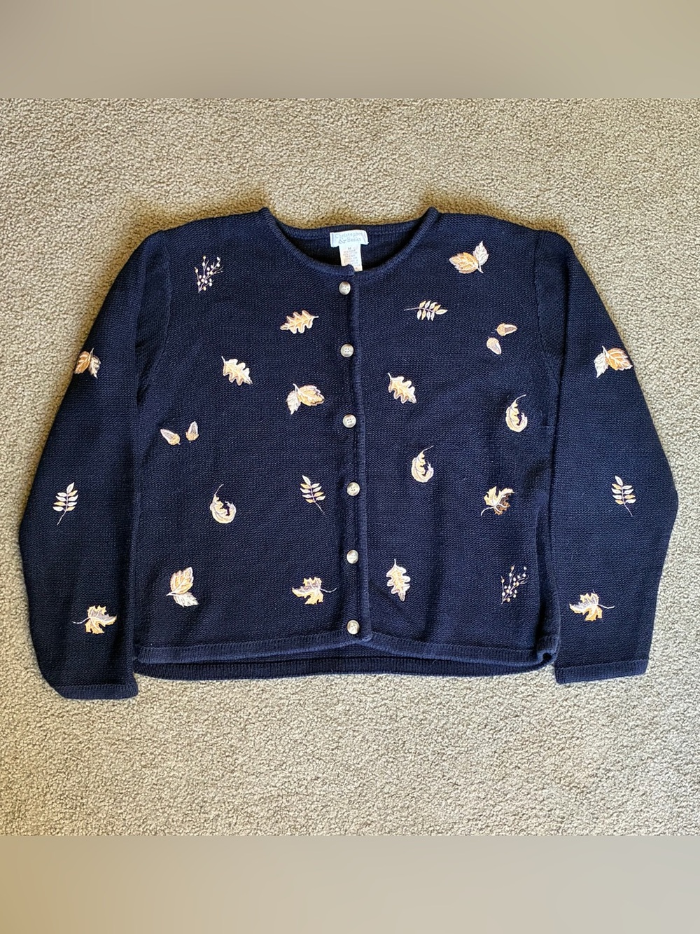 Christopher & Banks VTG size L embroidered navy/ gold autumn leaf cardigan